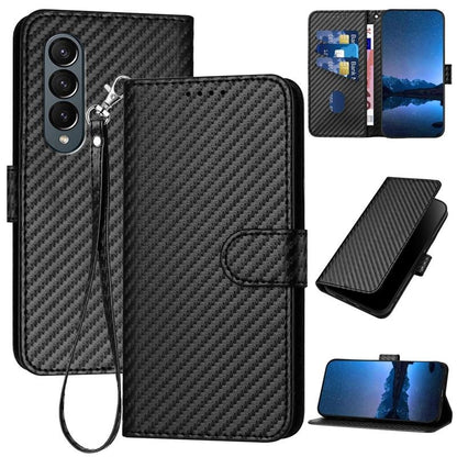 For Samsung Galaxy Z Fold4 5G Carbon Fiber Leather Phone Case With Lanyard - Light Blue
