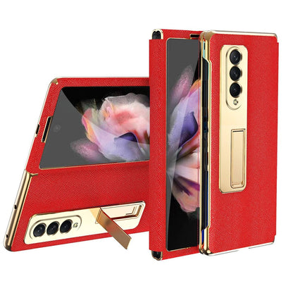 For Samsung Galaxy Z Fold4 5G Flip Case With Tempered Film - Textured Hinge - Red