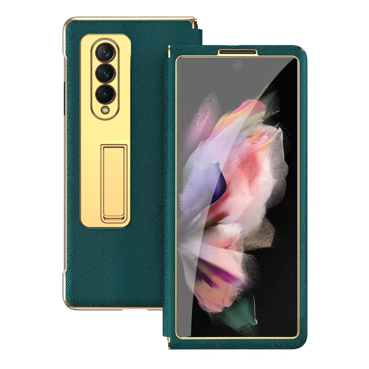 For Samsung Galaxy Z Fold4 5G Flip Case With Tempered Film - Textured Hinge - Red