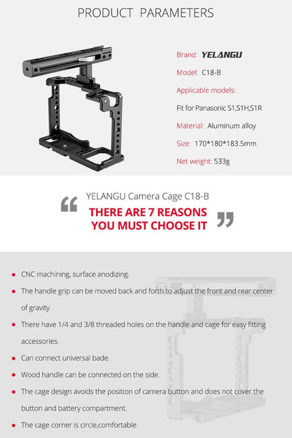 Camera Cage Stabilizer With Handle - Black for Panasonic Lumix Dc-S1H / Dc-S1 / Dc-S1R
