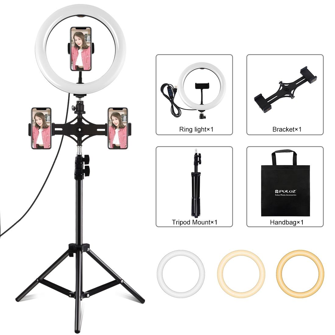Horizontal Dual Phone Brackets with Tripod Mount & Led Ring Light Kit for Vlogging and Live Broadcasts