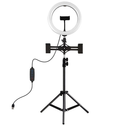 Horizontal Dual Phone Brackets with Tripod Mount & Led Ring Light Kit for Vlogging and Live Broadcasts