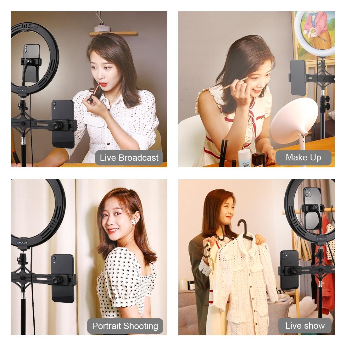 Horizontal Dual Phone Brackets with Tripod Mount & Led Ring Light Kit for Vlogging and Live Broadcasts
