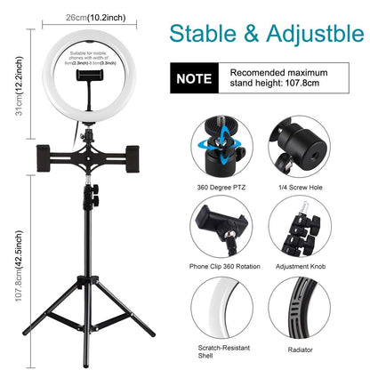 Horizontal Dual Phone Brackets with Tripod Mount & Led Ring Light Kit for Vlogging and Live Broadcasts