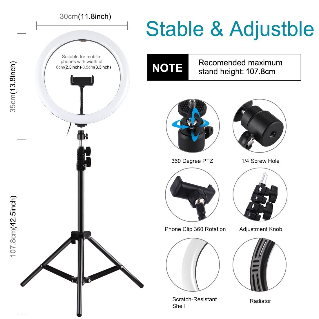 11.8 Led Ring Light With Tripod And Phone Clamp - 3 Modes Dual Colour Temperature Dimmable - Perfect For Vlogging And Live Streaming