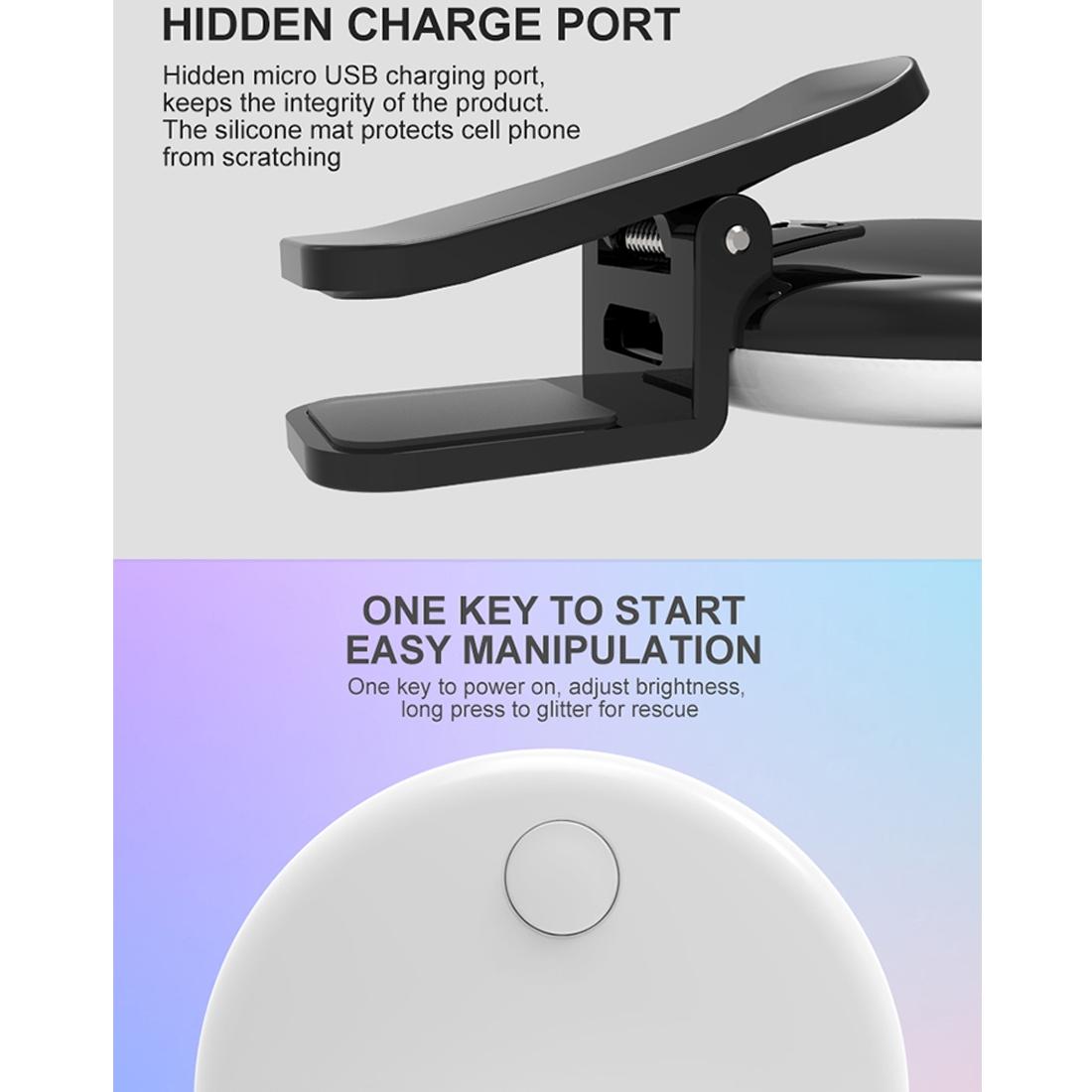 Portable Mini Beauty Light For Smartphones - 3 Brightness Levels 9 Led Warm / White - Iphone Galaxy Huawei Xiaomi Lg Htc - Black