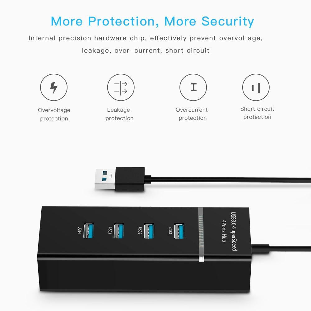 4-Port Usb 3.0 Hub With Led Super Speed 5Gbps - Black