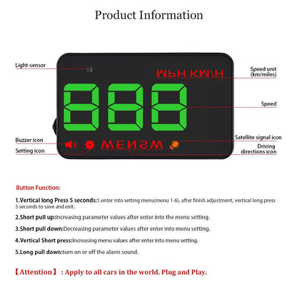 3.5 Inch Car Hud With Gps 2 Display Modes Light Sensors Speed & Compass Speed Alarm - Black