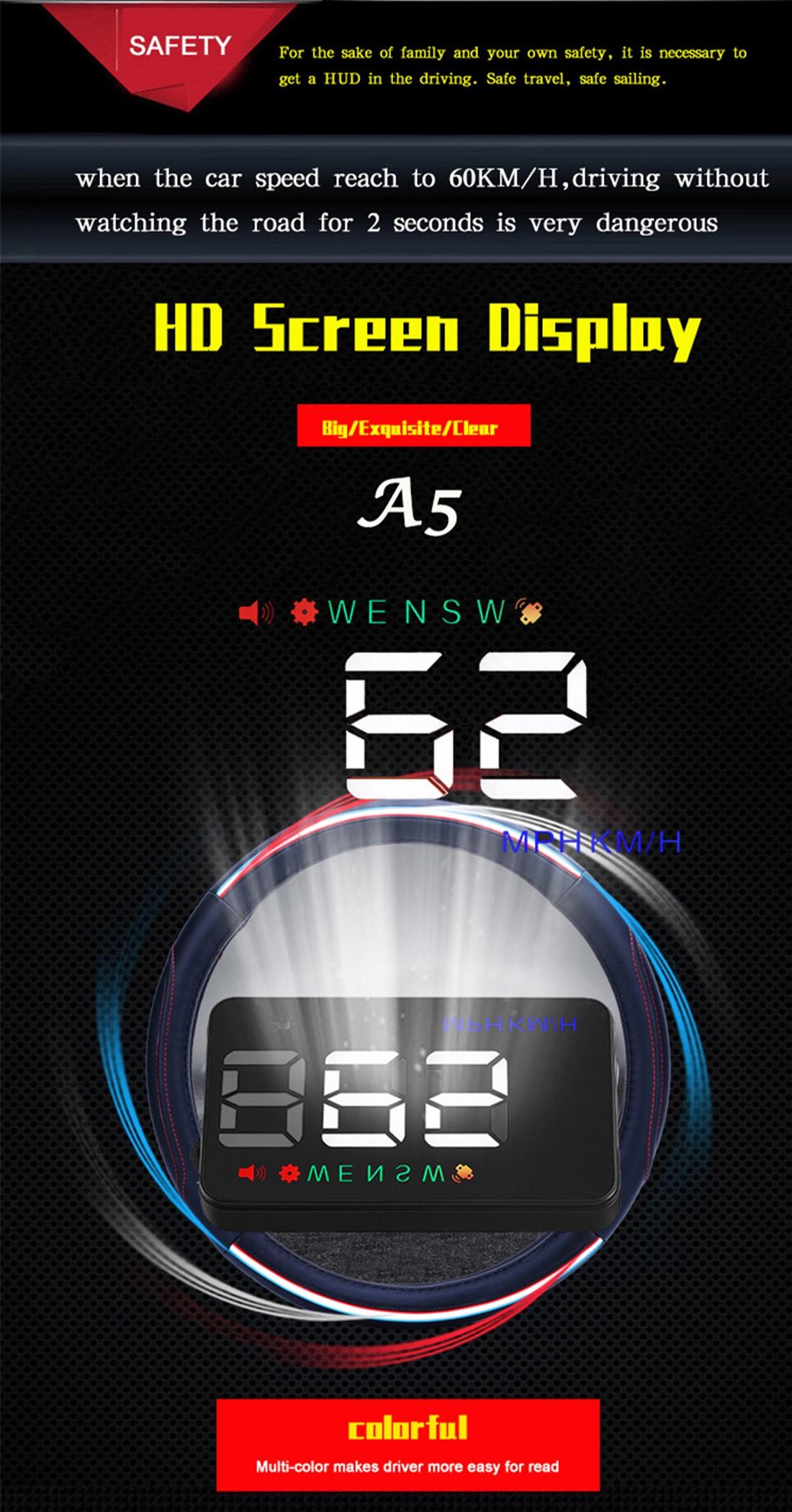 3.5 Inch Car Hud With Gps 2 Display Modes Light Sensors Speed & Compass Speed Alarm - Black