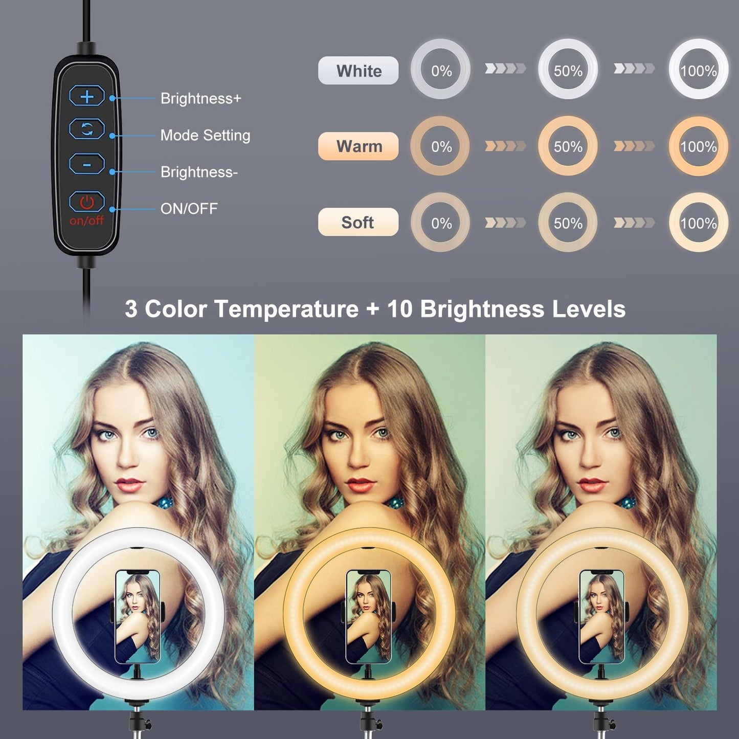 10.2 26Cm Ring Light Kit With Tripod Usb 3 Modes Dual Colour Phone Clamp Remote - Black