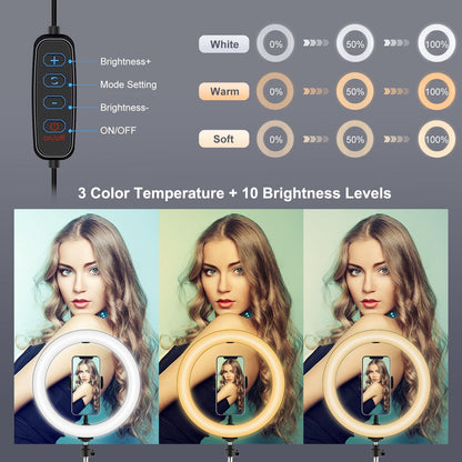 10.2 26Cm Ring Light Kit With Tripod Usb 3 Modes Dual Colour Phone Clamp Remote - Black