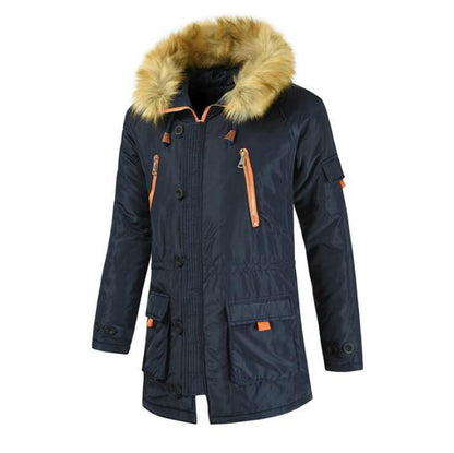 Long Section Cotton Suit Men Plus Velvet Thick Warm Jacket Large Fur Collar Coat Lovers Jacket - Size Xxxl - Navy