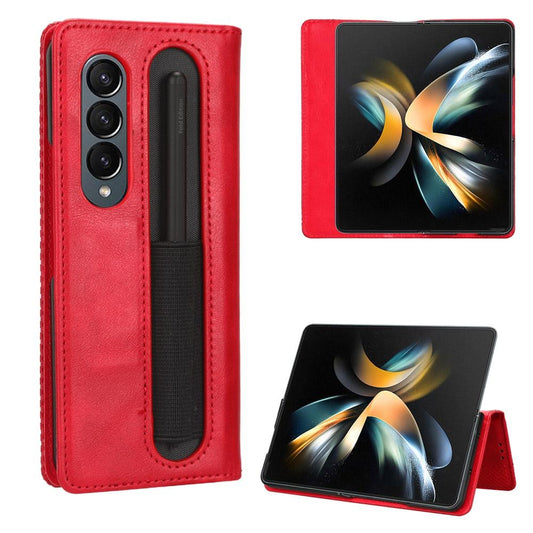 Vintage Leather Phone Case for Samsung Galaxy z Fold 4 5g with Magnetic Buckle - Red