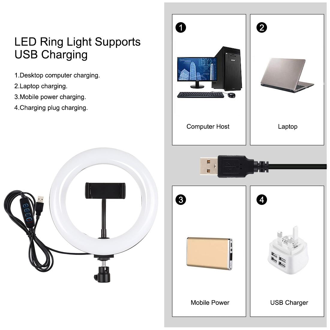 7.9 Led Ring Light With Tripod And Phone Clamp - 3 Modes Dual Colour Temperature Dimmable - Black