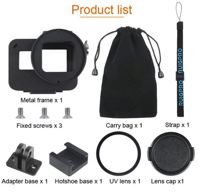Aluminum Protective Cage with Insurance Frame and 52mm Uv Lens for Gopro Hero7 / 6 / 5 - Black