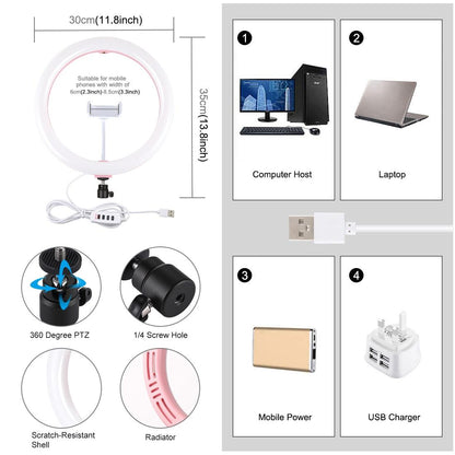 30cm Usb Dual Colour Led Ring Light with Phone Clamp - Black