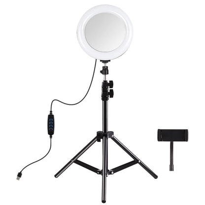 7.9 Mirror Light With Tripod & Usb 3 Modes Dual Colour Curved Ring Light For Vlogging Selfie Photography Video Phone Clamp - Black