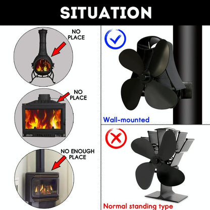 4-Blade Heat Powered Fireplace Stove Fan - Aluminum - Black