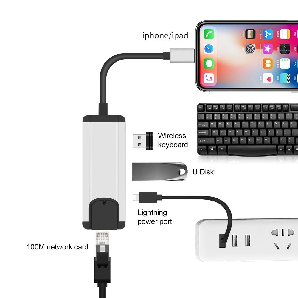 8Pin To Rj45 Usb 2.0 Hub Adapter - Black