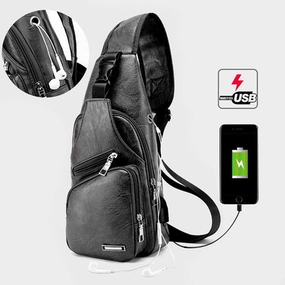 Waterproof Pu Leather Men Chest Bag Usb Port Headphone Hole - Dark Brown