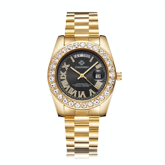 Men Quartz Watch With Diamond-Encrusted Roman Numeral Dial