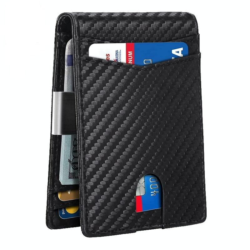 Rfid-protected Leather Credit Card Wallet - Secure & Stylish - Carbon Fiber Black Black Inside