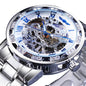 Men Skeleton Diamond Mechanical Watch - Luminous Pointer - Silver Belt Silver Shell White Face