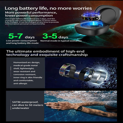 Smart Ring Heart Rate Blood Oxygen Sleep Sports Size 10 - Silver