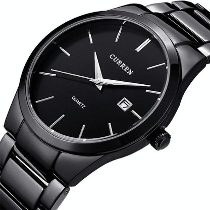Waterproof Full Steel Quartz Watch - Fashion Business Calendar - Black Case White Face