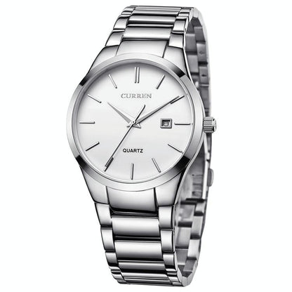 Waterproof Full Steel Quartz Watch - Fashion Business Calendar - Black Case White Face