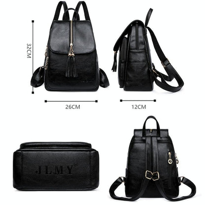 Leather Travel Backpack - Anti-theft Compact - Black
