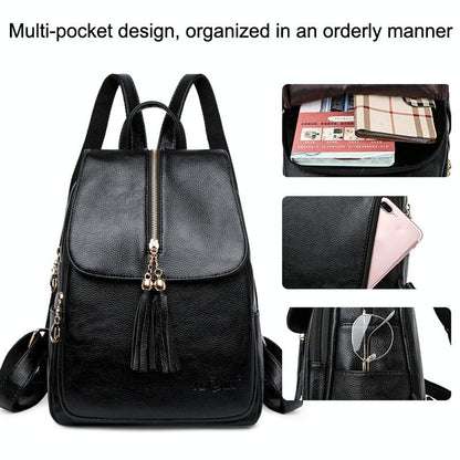 Leather Travel Backpack - Anti-theft Compact - Black