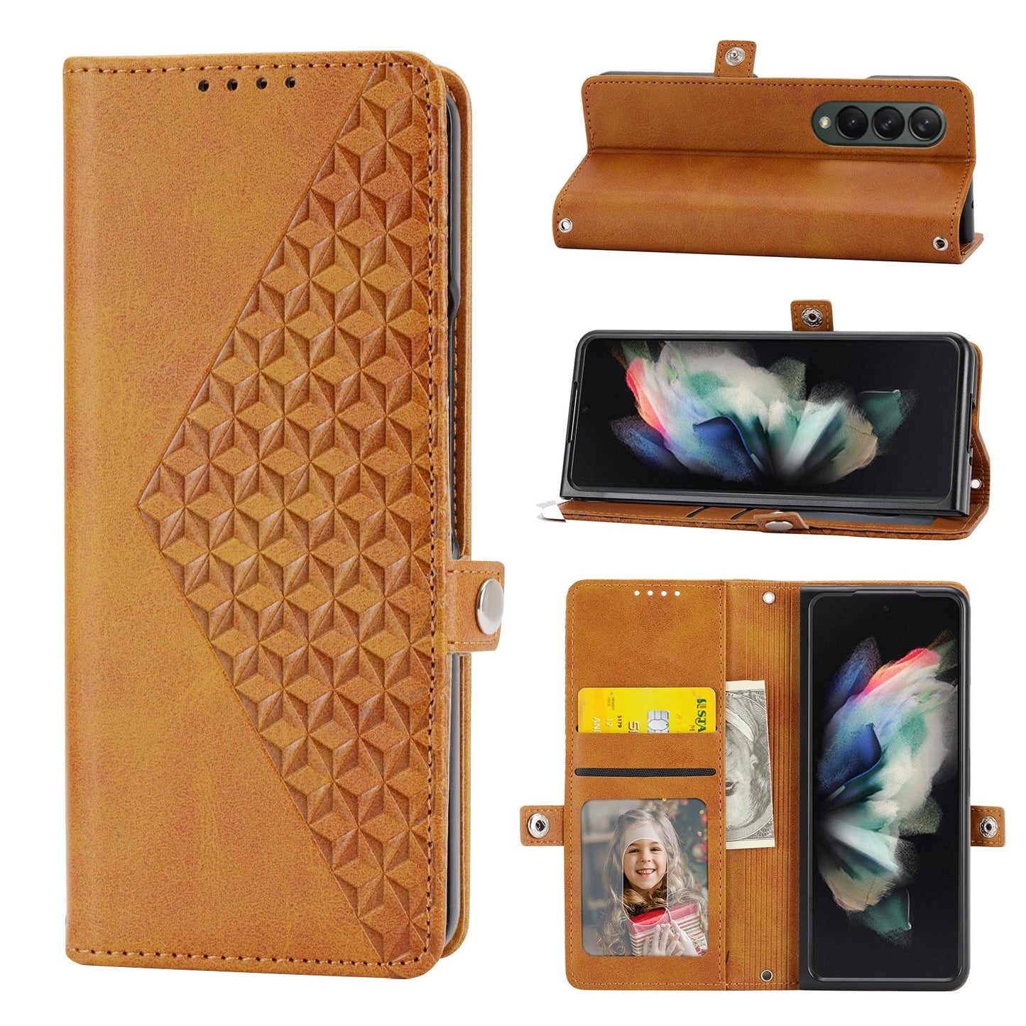 For Samsung Galaxy Z Fold4 5G Textured Leather Phone Case - Cubic Grid Design - Brown