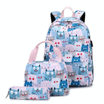 Student Backpack Set - Printed Design - Grey