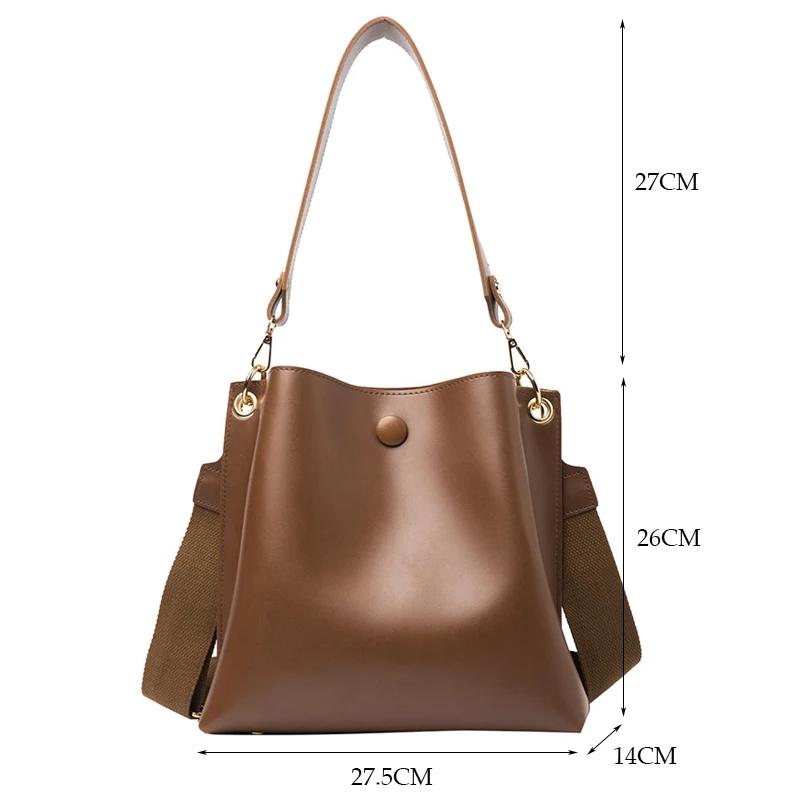 Retro Wide Strap Crossbody Bucket Bag For Women - Brown