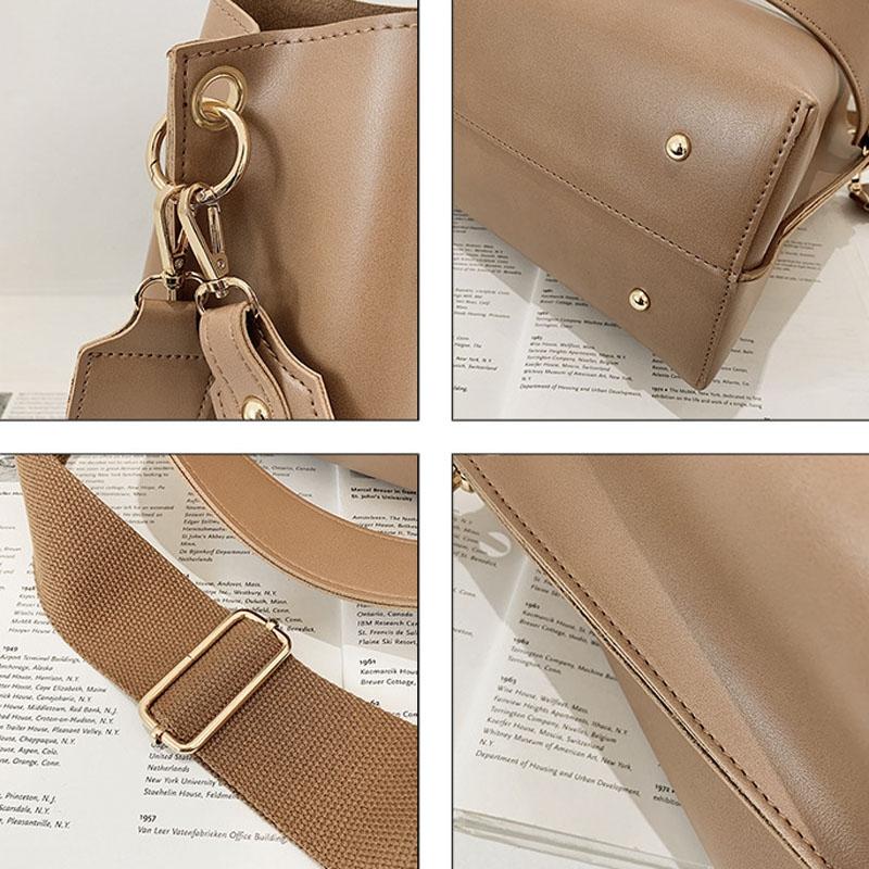 Retro Wide Strap Crossbody Bucket Bag For Women - Brown
