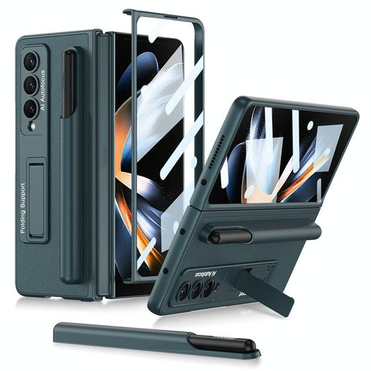 Leather Case with Holder & Pen Slots for Samsung Galaxy z Fold 4 - Thin & Shockproof - Dark Night Green