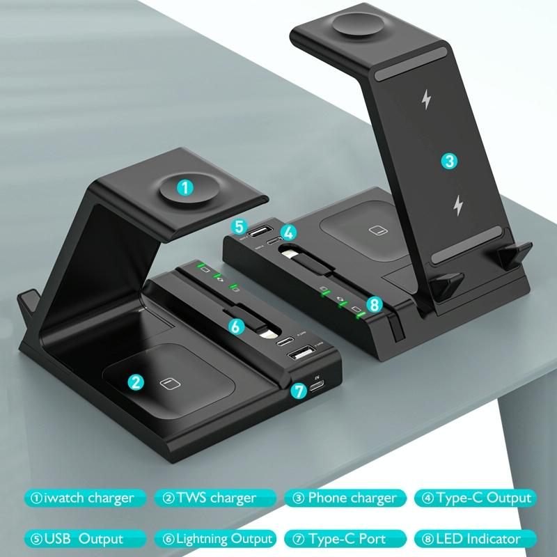 6 In 1 Wireless Charging Stand With Usb C Port & 8 Pin Cable - Grey