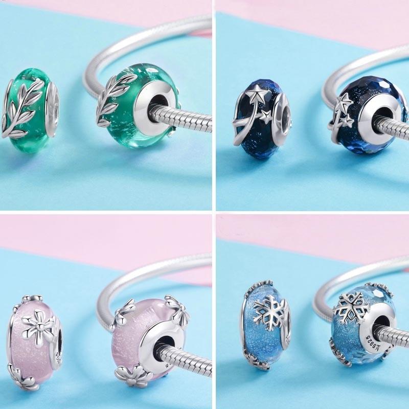 925 Sterling Silver Seasonal Glass Bead Bracelet Charms - Light Blue