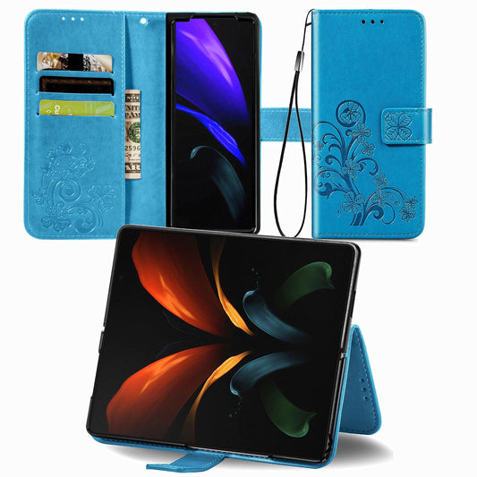 Embossed Leather Phone Case for Samsung Galaxy z Fold 4 with Four Leaf Clasp - Blue