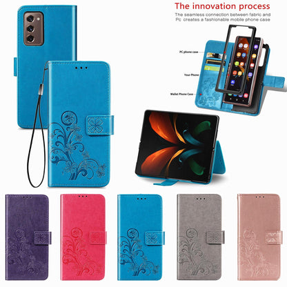 Embossed Leather Phone Case for Samsung Galaxy z Fold 4 with Four Leaf Clasp - Blue