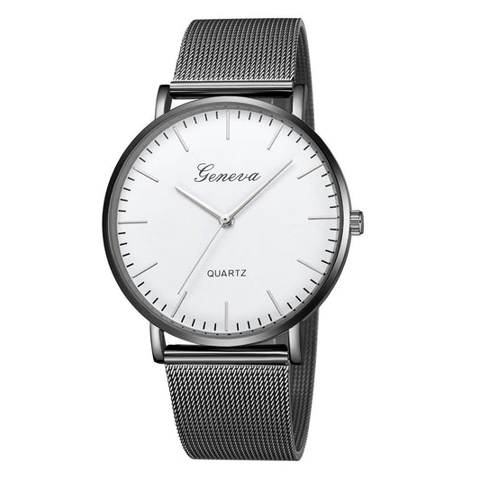 Stainless Steel Mesh Unisex Quartz Watch - Black Shell White Dial Silver Needle