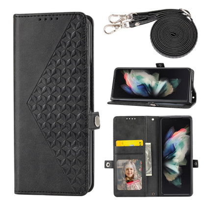 Leather Grid Texture Phone Case with Lanyard for Samsung Galaxy z Fold 4 - Brown