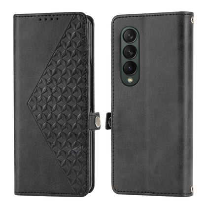 Leather Grid Texture Phone Case with Lanyard for Samsung Galaxy z Fold 4 - Brown