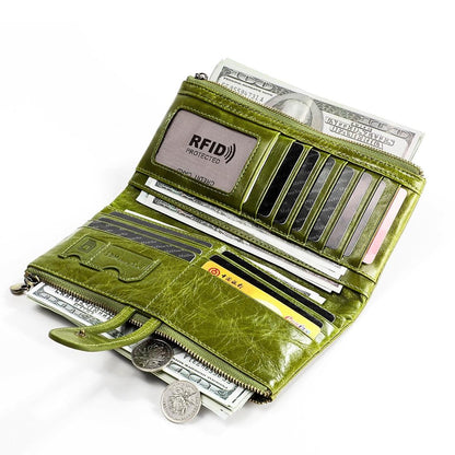 Vintage Rfid Leather Wallet with Card Slots for Women - Green