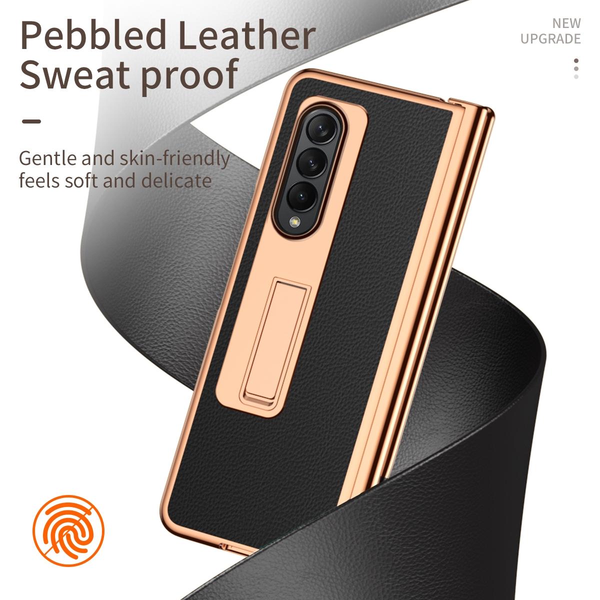 Premium Litchi Leather Hinged Phone Case for Samsung Galaxy z Fold 4 - with Pen - Gold