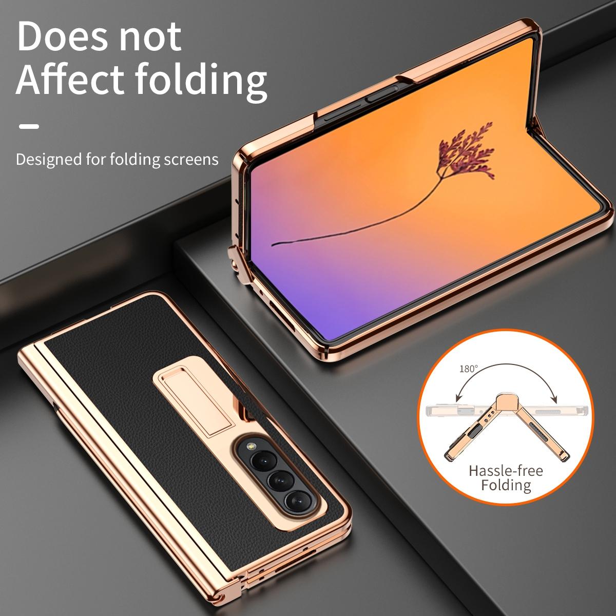 Premium Litchi Leather Hinged Phone Case for Samsung Galaxy z Fold 4 - with Pen - Gold