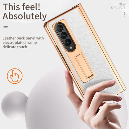 Premium Litchi Leather Hinged Phone Case for Samsung Galaxy z Fold 4 - with Pen - Gold