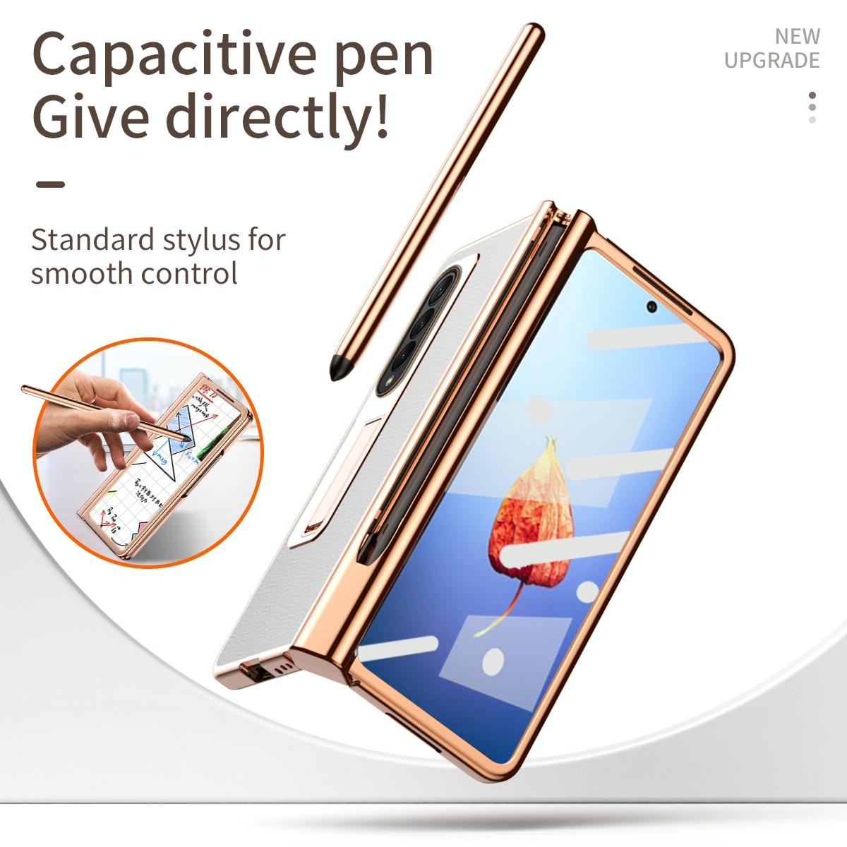 Premium Litchi Leather Hinged Phone Case for Samsung Galaxy z Fold 4 - with Pen - Gold