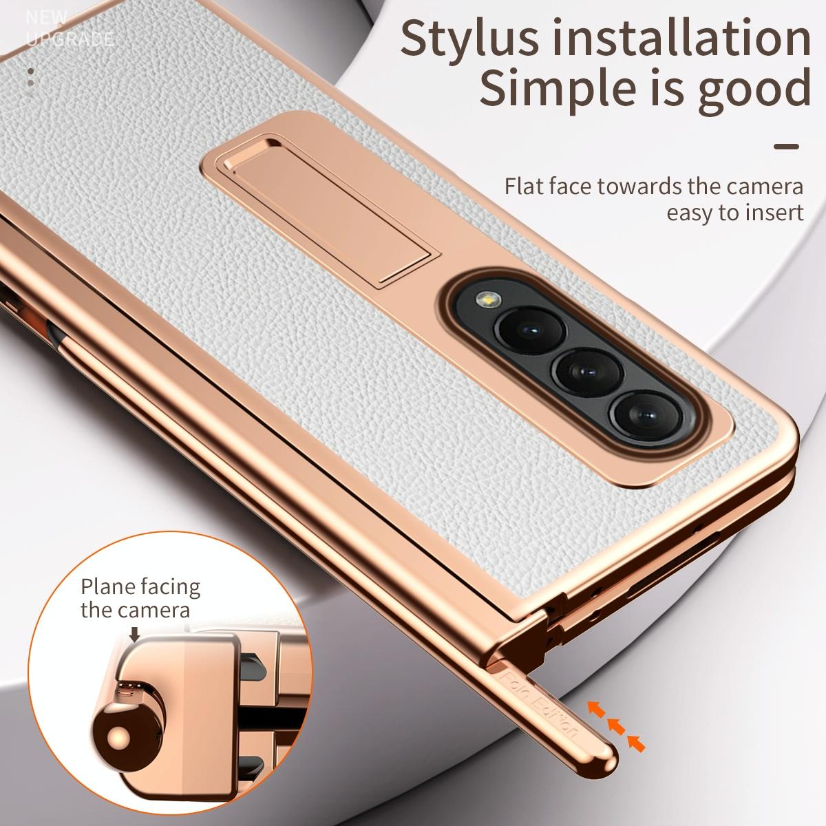 Premium Litchi Leather Hinged Phone Case for Samsung Galaxy z Fold 4 - with Pen - Gold